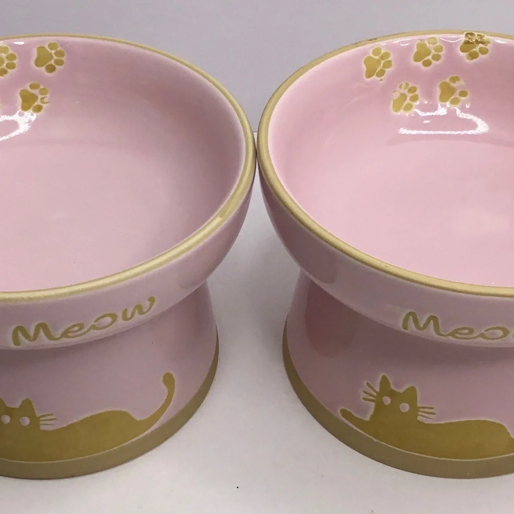 2 Signature Meow Stoneware Cat Body Pet Elevated Bowls Dishes Combo New